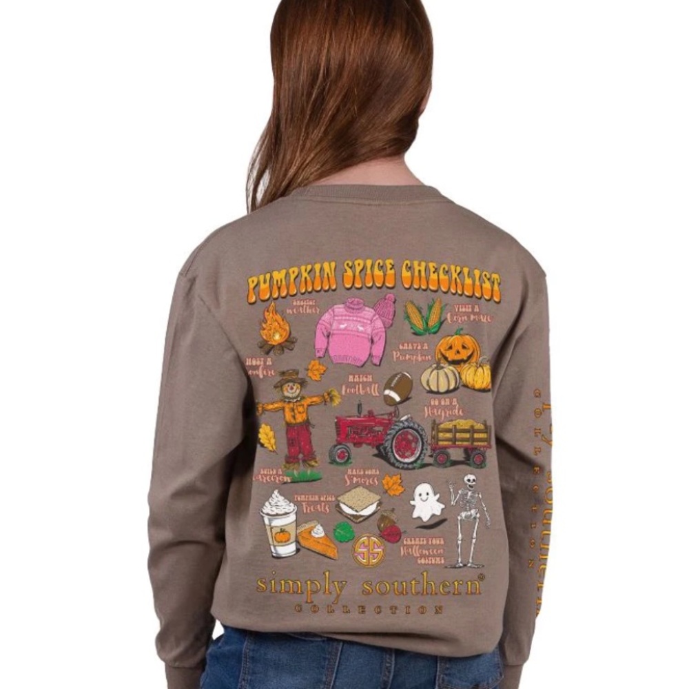 NWT Simply Southern Youth Pumpkin Spice Checklist Long Sleeve tee Halloween